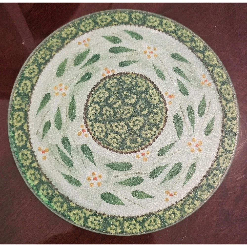 Temptations Old World Vintage Green Tempered Glass Trivets Botanical Leaf Floral